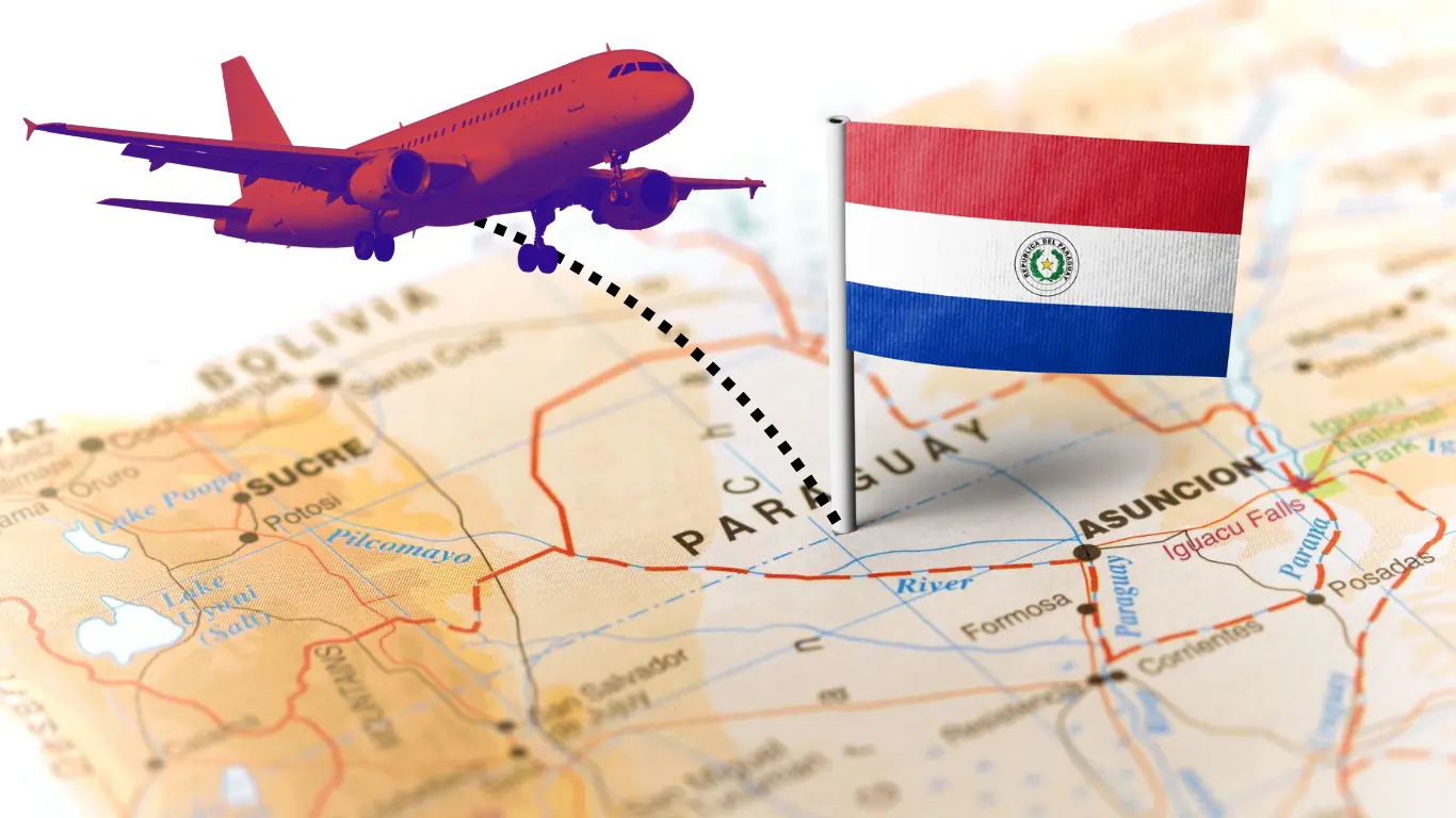 Map of Paraguay with Asunción marked and a Paraguayan flag pin, indicating the destination for the permanent residency conversion
